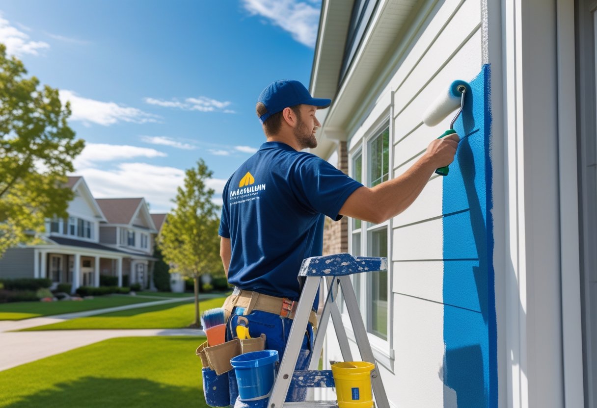 A local house painter carefully painting the exterior wall of a suburban home on a sunny day.