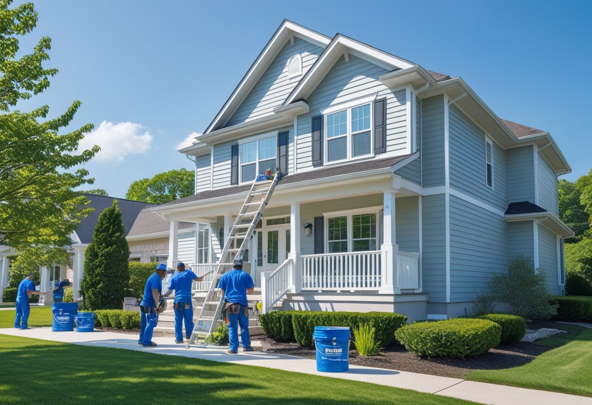 A team of house painters working on the exterior of a residential home during a sunny day.