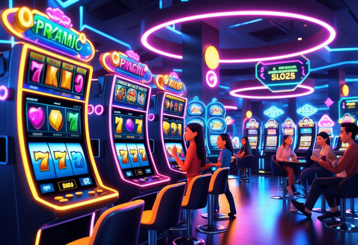 Suasana kasino digital futuristik dengan mesin slot berwarna-warni dan pemain yang sedang menikmati permainan.