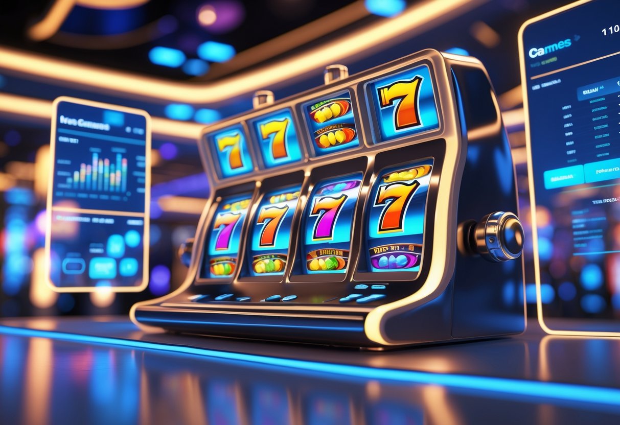 Mesin slot modern dengan gulungan berwarna-warni dan layar holografik di latar kasino futuristik.