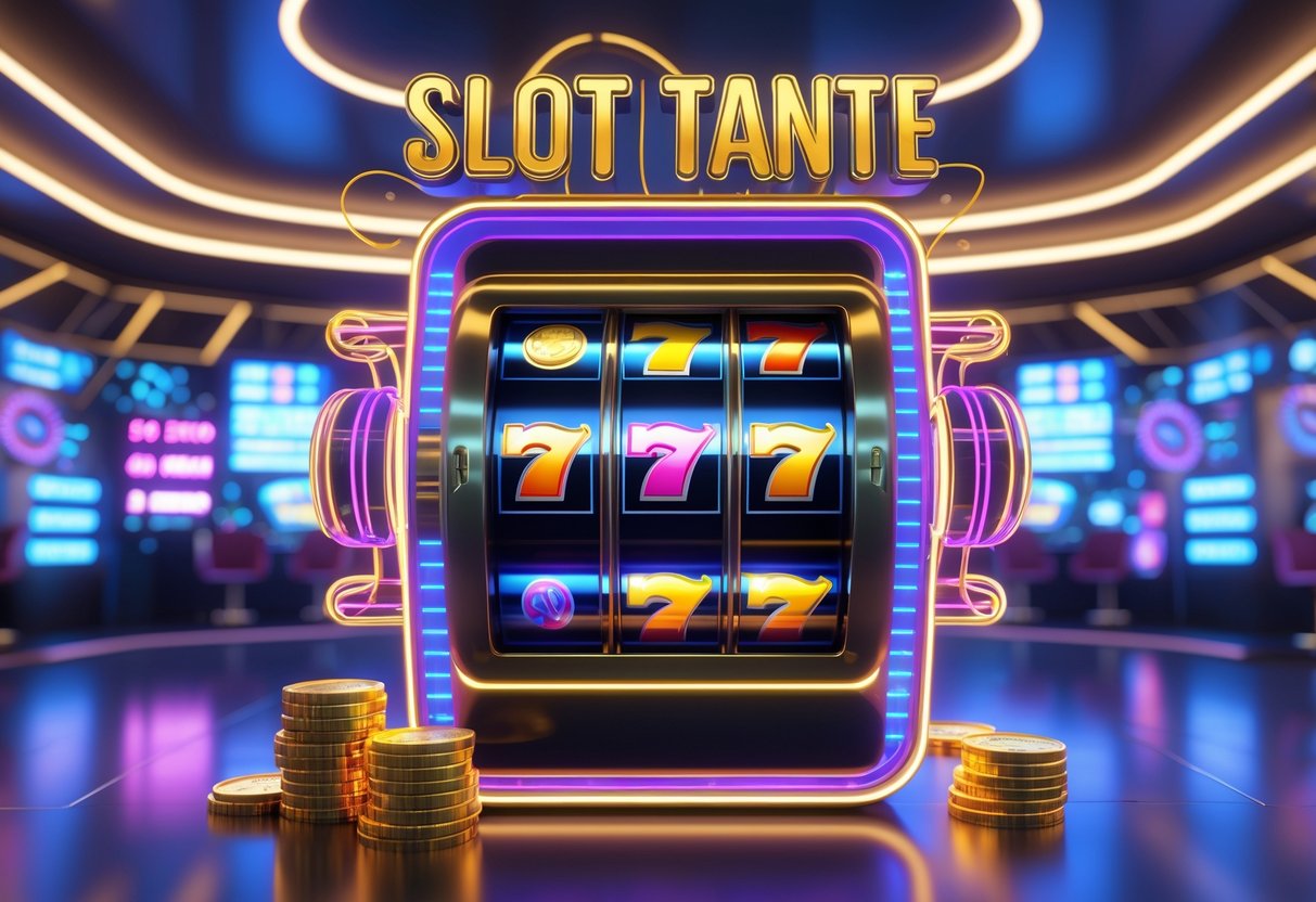 Mesin slot online berwarna-warni dengan simbol buah dan koin emas di latar kasino futuristik.