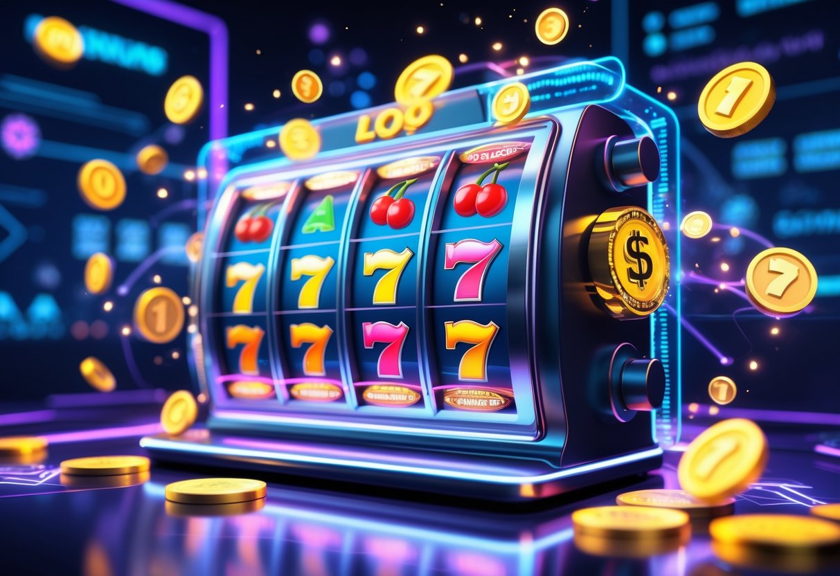 Mesin slot digital berwarna-warni dengan gulungan yang berputar dan simbol klasik, dikelilingi oleh lampu neon dan efek holografik dalam suasana kasino online modern.