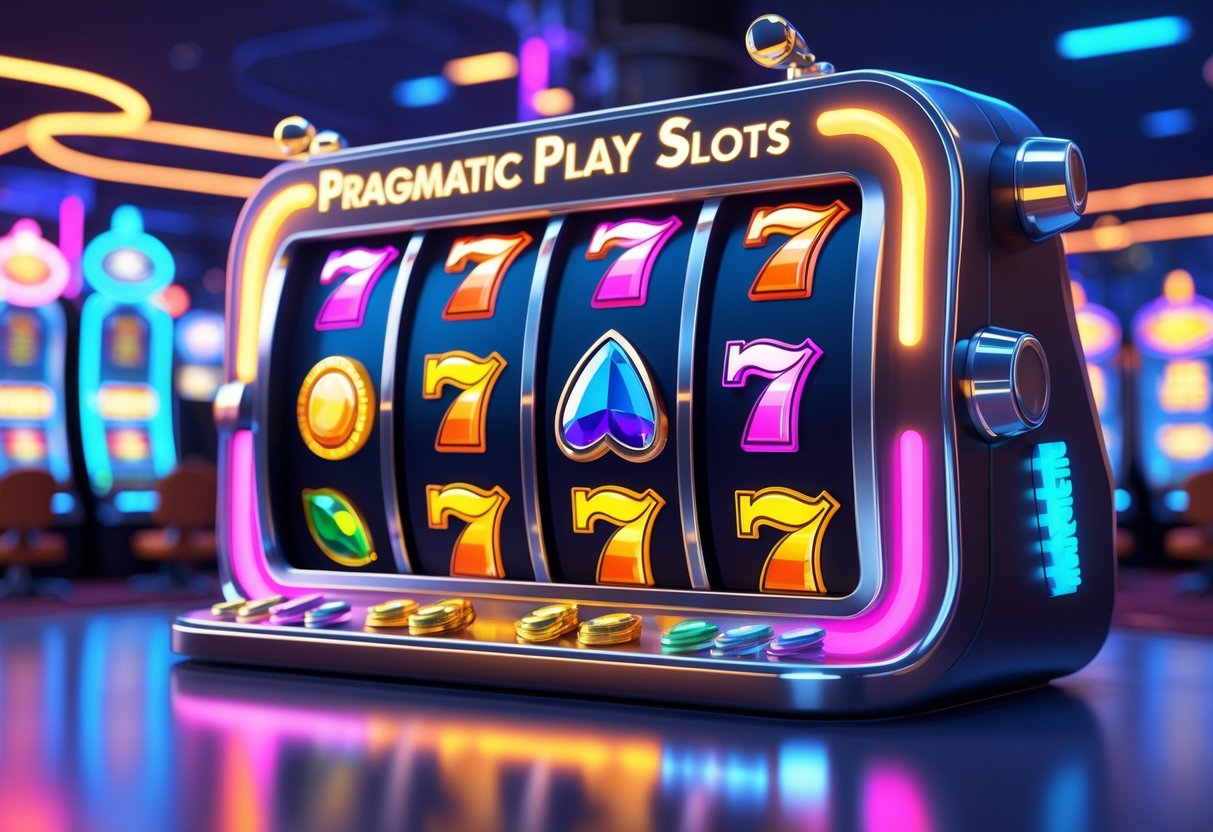 Mesin slot online berwarna cerah dengan simbol berputar dan latar belakang kasino virtual yang ramai.