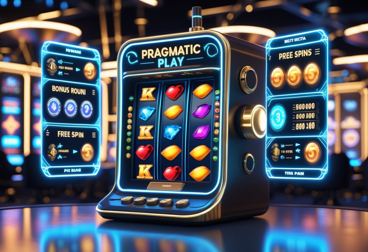 Mesin slot online futuristik dengan simbol-simbol warna-warni dan panel holografik yang menampilkan fitur-fitur unggulan dalam suasana kasino digital.