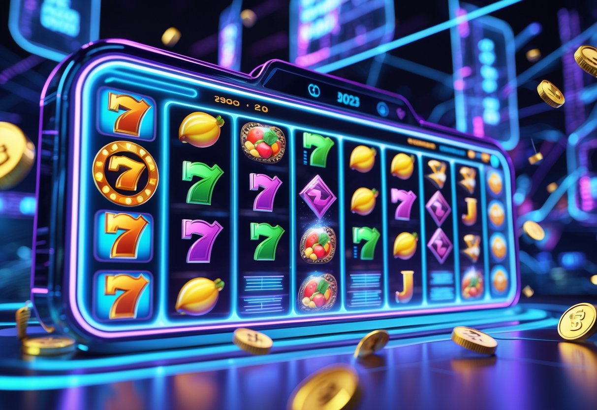 Tampilan portal slot online futuristik dengan gulungan slot berwarna-warni yang berputar di latar belakang teknologi tinggi.