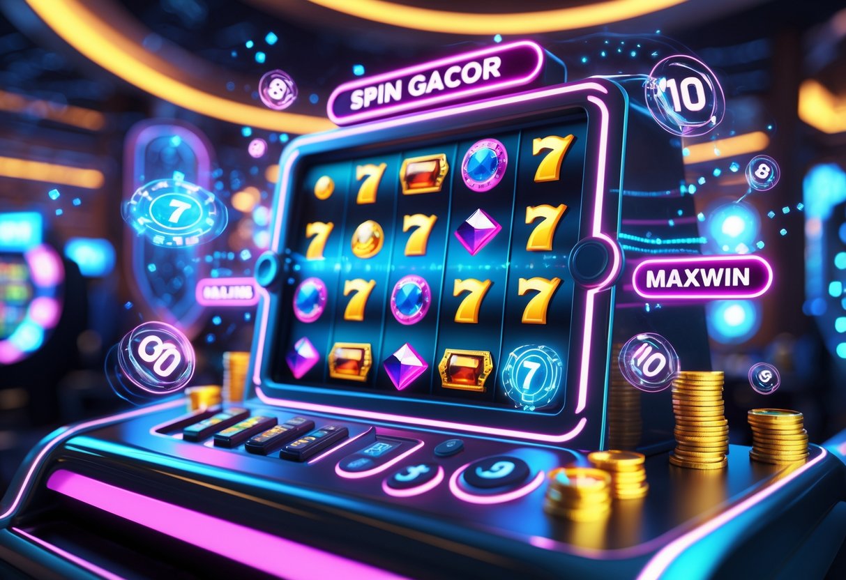 Mesin slot online futuristik dengan simbol berwarna-warni sedang berputar di lingkungan kasino berteknologi tinggi.