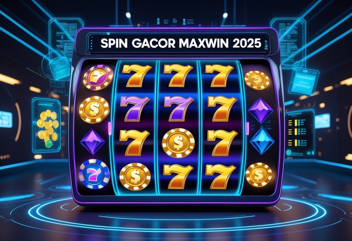 Gambaran mesin slot digital futuristik dengan simbol berwarna-warni yang berputar di dalam lingkungan portal virtual berteknologi tinggi.