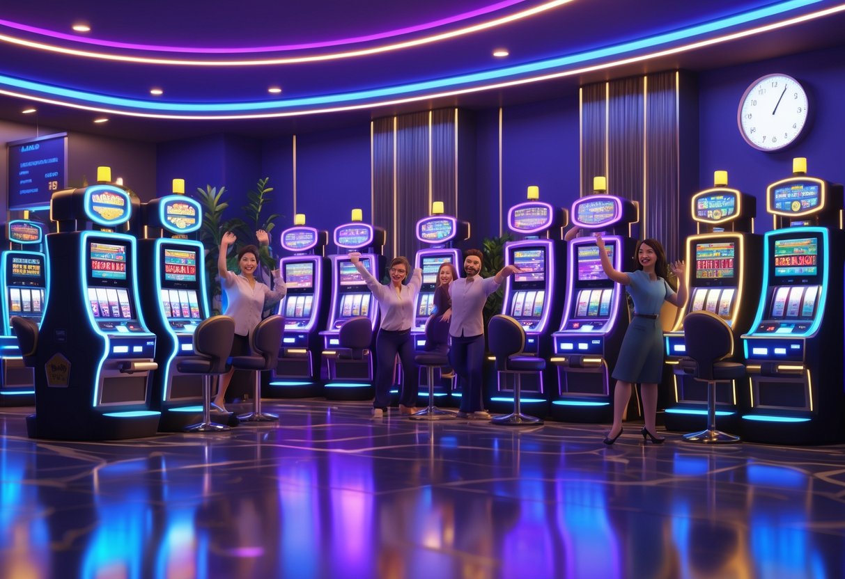 Suasana ruangan mesin slot dengan lampu neon terang dan beberapa pemain yang sedang bermain dan merayakan kemenangan kecil.