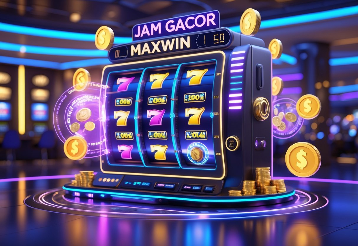 Pemandangan mesin slot modern dengan lampu neon dan jam digital di latar belakang, menunjukkan waktu bermain yang tepat untuk menang.