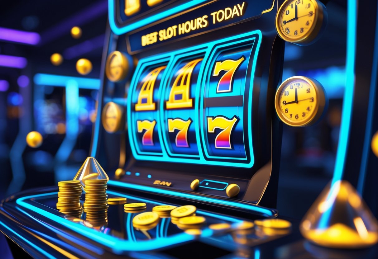 Mesin slot digital dengan jam menyala dan simbol kemenangan di layar, dikelilingi elemen waktu seperti jam dan jam pasir dalam suasana kasino futuristik.