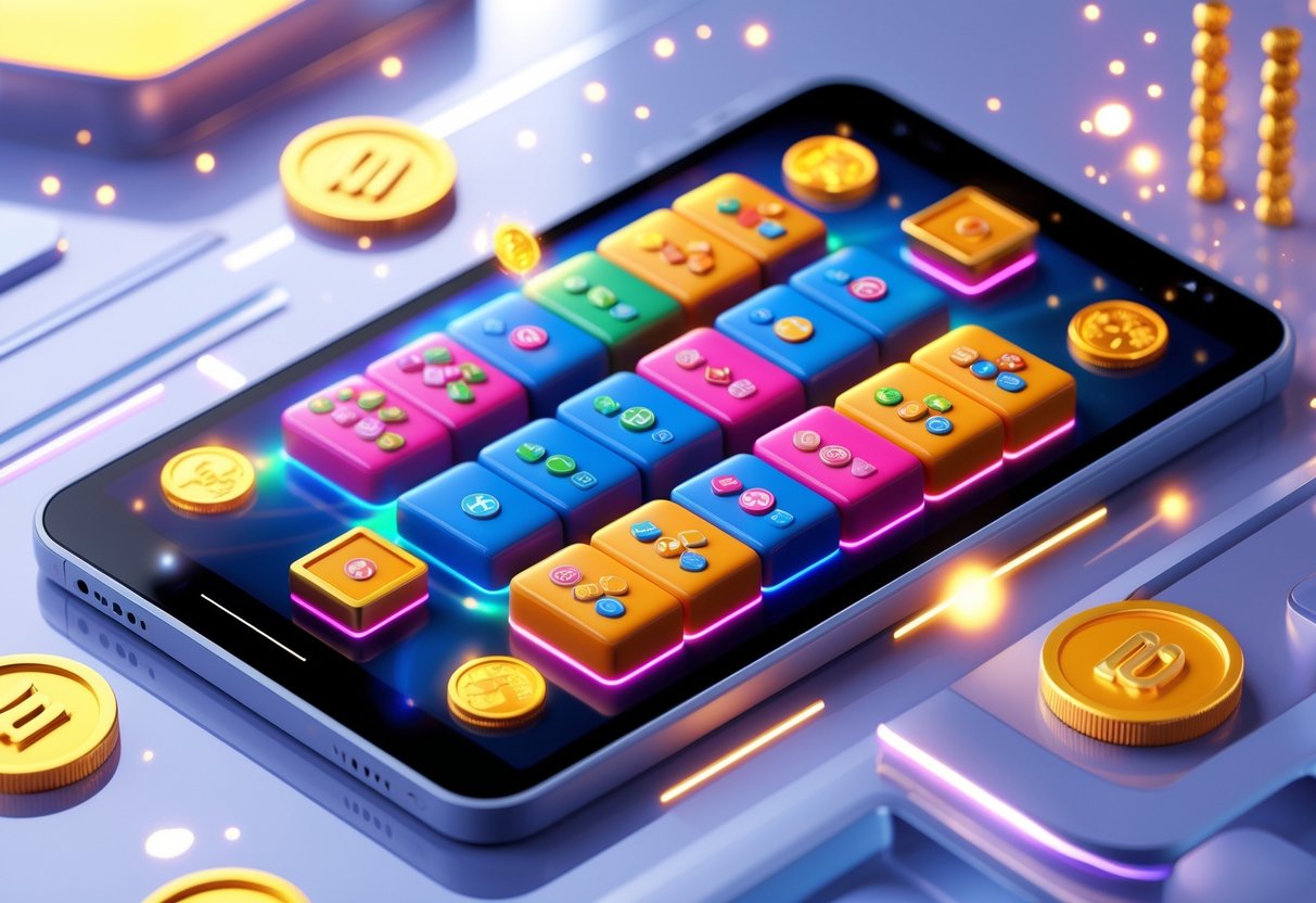 Tampilan layar perangkat digital dengan permainan slot mahjong online yang menampilkan ubin mahjong berwarna cerah dan elemen digital seperti koin emas dan efek cahaya yang menggambarkan peluang menang.