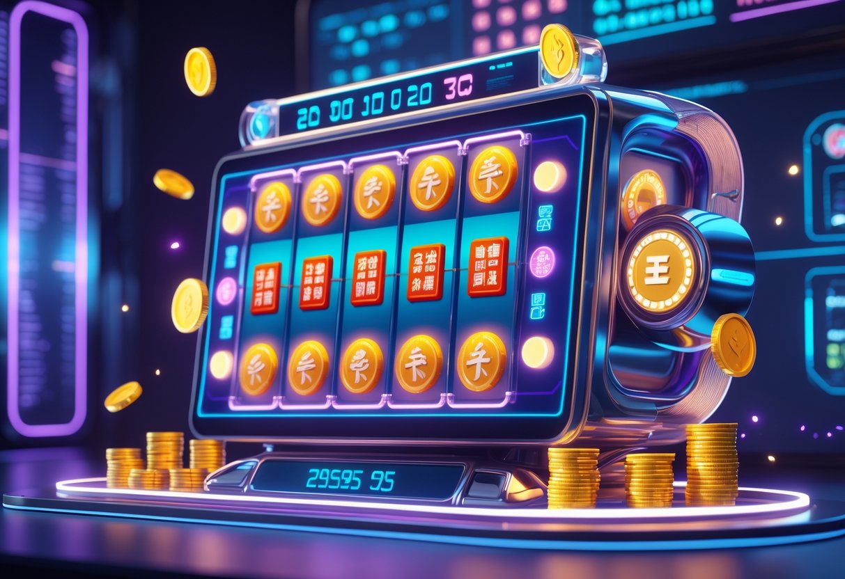 Mesin slot online bertema Mahjong dengan ubin-ubin berkilau dan elemen digital yang menunjukkan peluang menang dan tren terbaru.