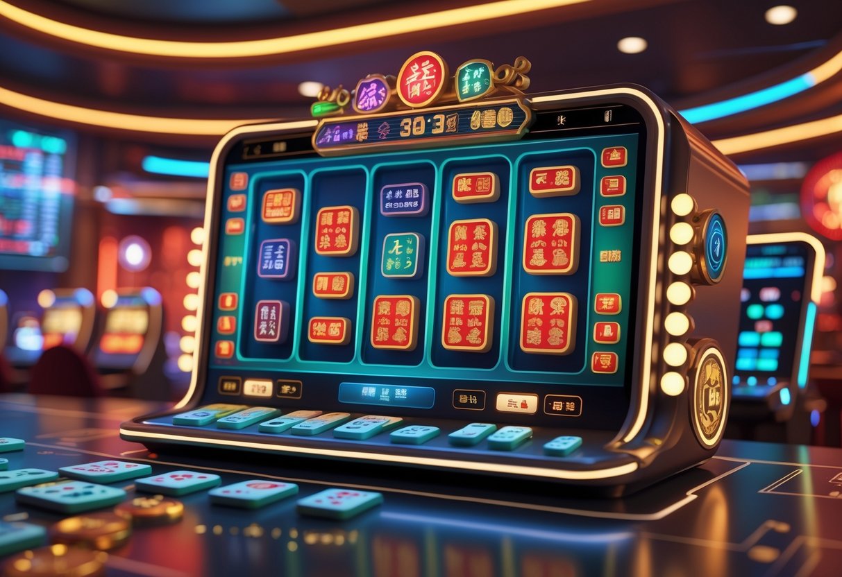 Tampilan mesin slot Mahjong online dengan simbol ubin Mahjong yang berwarna-warni dan latar belakang suasana kasino digital yang cerah dan dinamis.