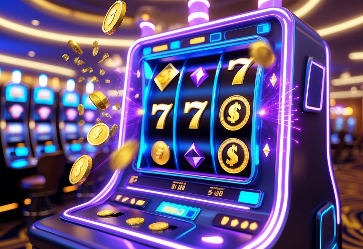 Mesin slot futuristik dengan lampu neon berwarna biru, ungu, dan emas, menampilkan koin emas dan permata berkilau di dalam kasino modern.