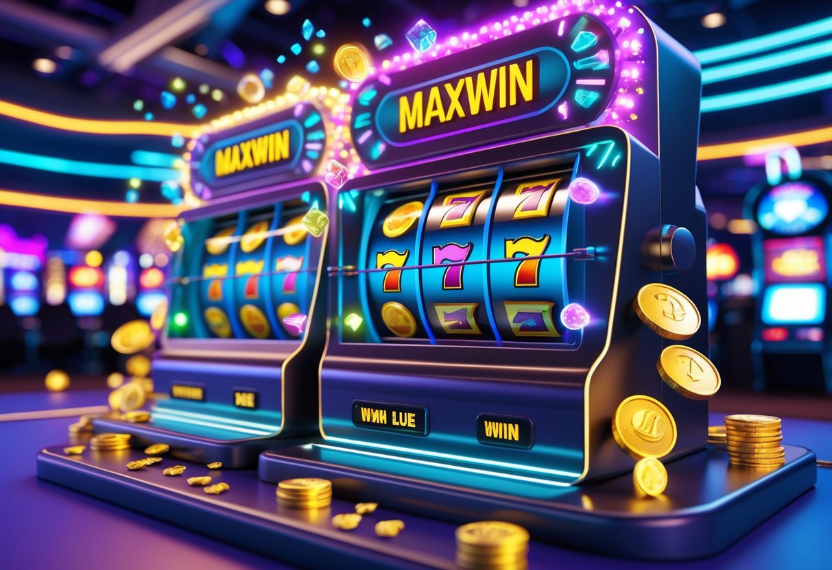 Adegan mesin slot modern dengan gulungan berputar menampilkan simbol kemenangan dan pola kemenangan di latar kasino futuristik.