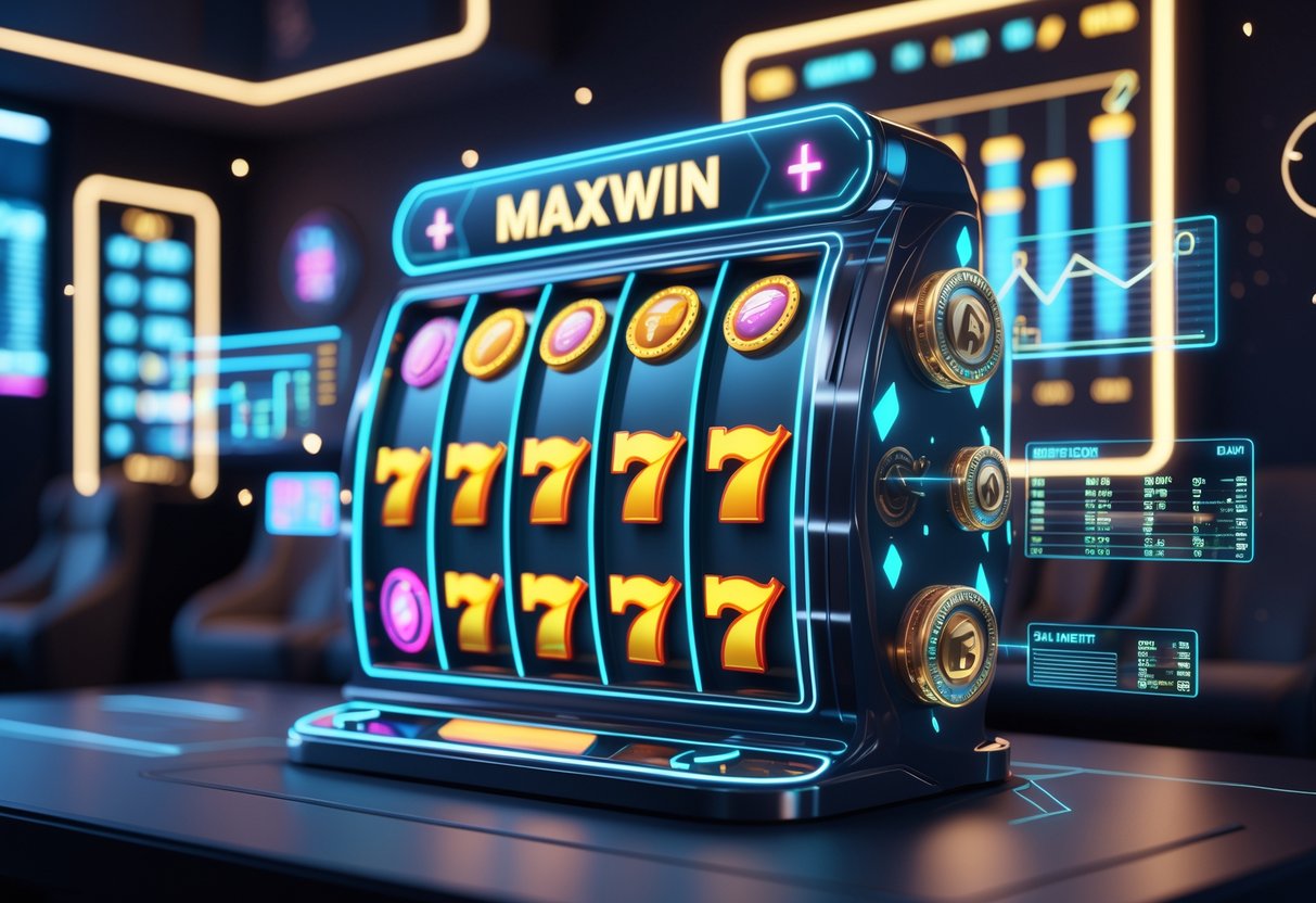 Sebuah mesin slot futuristik dengan simbol berwarna cerah dan grafik holografik di sekitarnya menunjukkan strategi kemenangan.