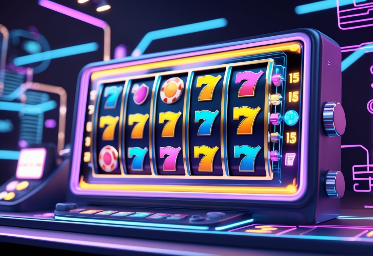 Tampilan mesin slot online dengan gulungan berputar dan simbol warna-warni dalam suasana kasino futuristik dengan lampu neon dan efek holografik.