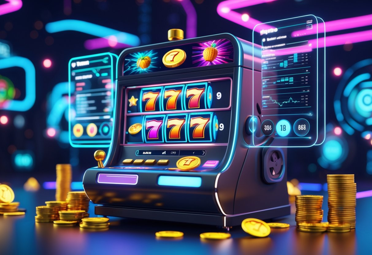 Mesin slot online modern dengan simbol warna-warni dan layar holografik di latar kasino digital futuristik.