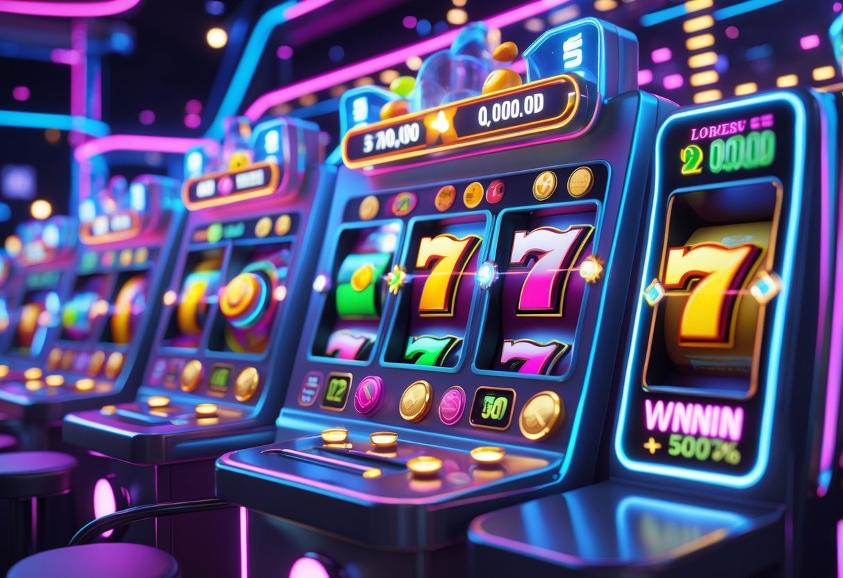 Pemandangan mesin slot berwarna-warni dengan gulungan berputar di kasino digital yang futuristik dan penuh cahaya neon.