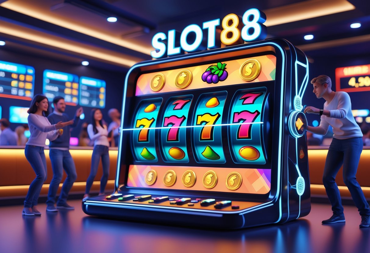 Sebuah mesin slot digital dengan gulungan berwarna-warni yang sedang berputar di dalam ruang kasino modern dengan pemain yang sedang bermain dan suasana yang penuh semangat.