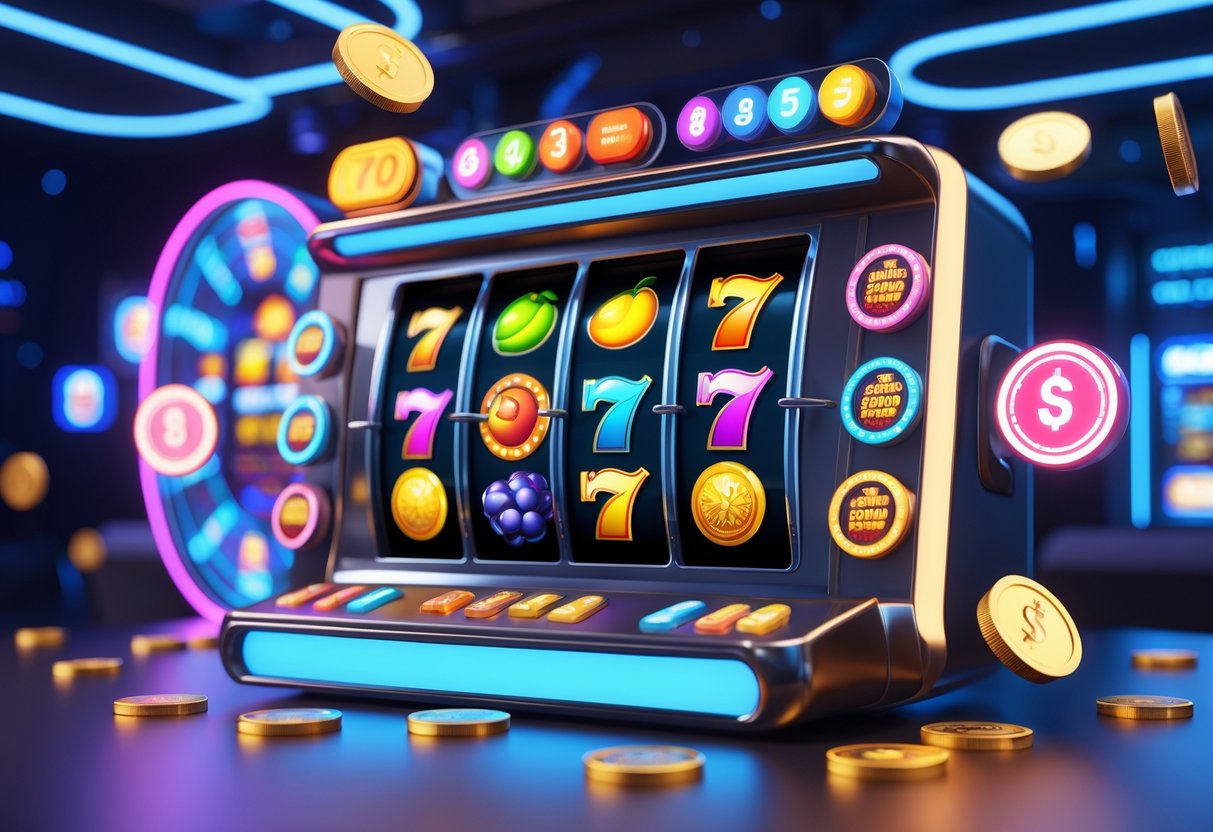 Tampilan mesin slot digital dengan gulungan berwarna-warni dan simbol klasik di latar kasino futuristik dengan lampu neon dan koin mengambang.