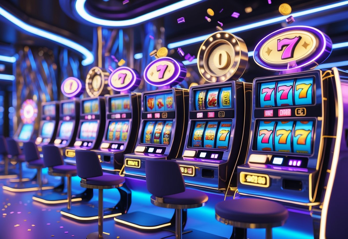 Area mesin slot berwarna-warni dengan lampu neon dan animasi koin yang sedang berputar di dalam kasino futuristik.