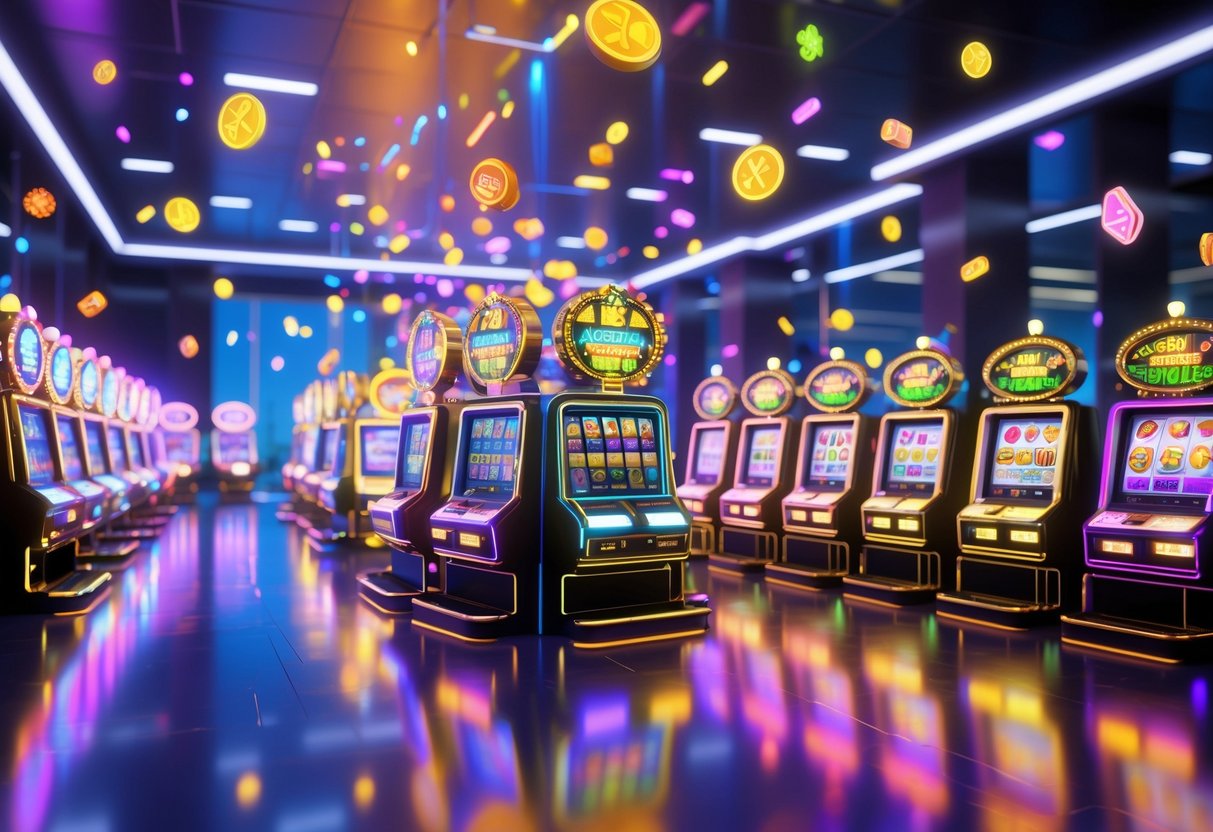 Pemandangan dalam kasino dengan banyak mesin slot berwarna-warni yang menyala dan berputar, menciptakan suasana penuh semangat dan kegembiraan.