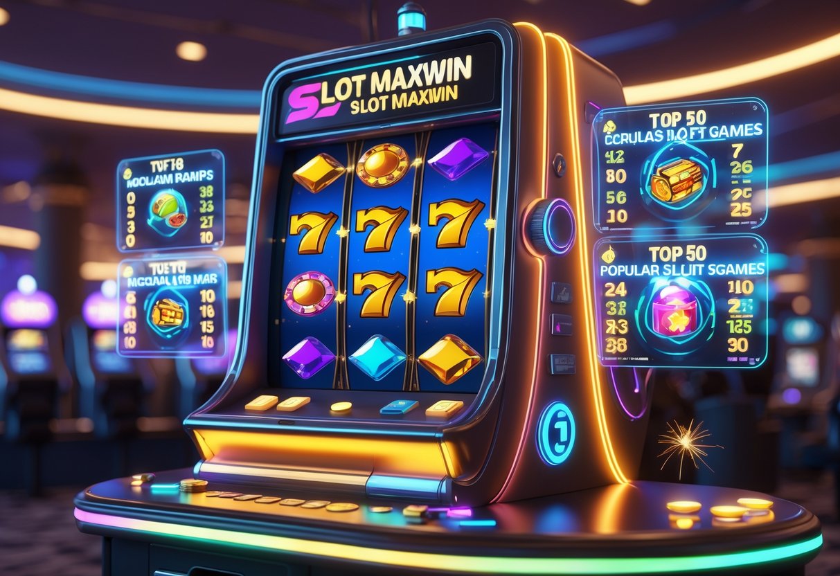 Mesin slot modern dengan simbol berwarna-warni dan panel holografik yang menampilkan daftar permainan slot populer hari ini di dalam suasana kasino futuristik.