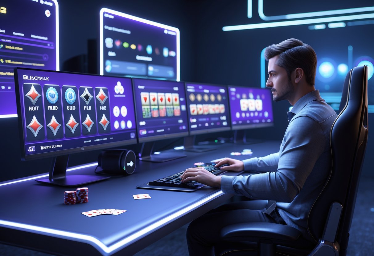 Seorang pemain profesional sedang duduk di depan meja permainan online dengan beberapa monitor menampilkan berbagai permainan kasino dalam suasana yang fokus dan modern.