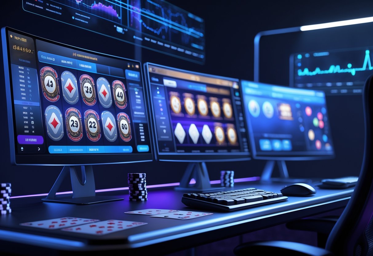 Sebuah meja permainan dengan beberapa layar menampilkan permainan judi online dan peralatan permainan di sekitarnya.