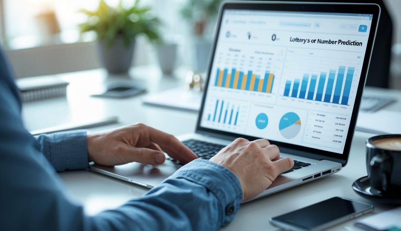 Seseorang menggunakan laptop di meja kerja dengan grafik dan angka di layar, menunjukkan analisis data angka togel secara akurat.