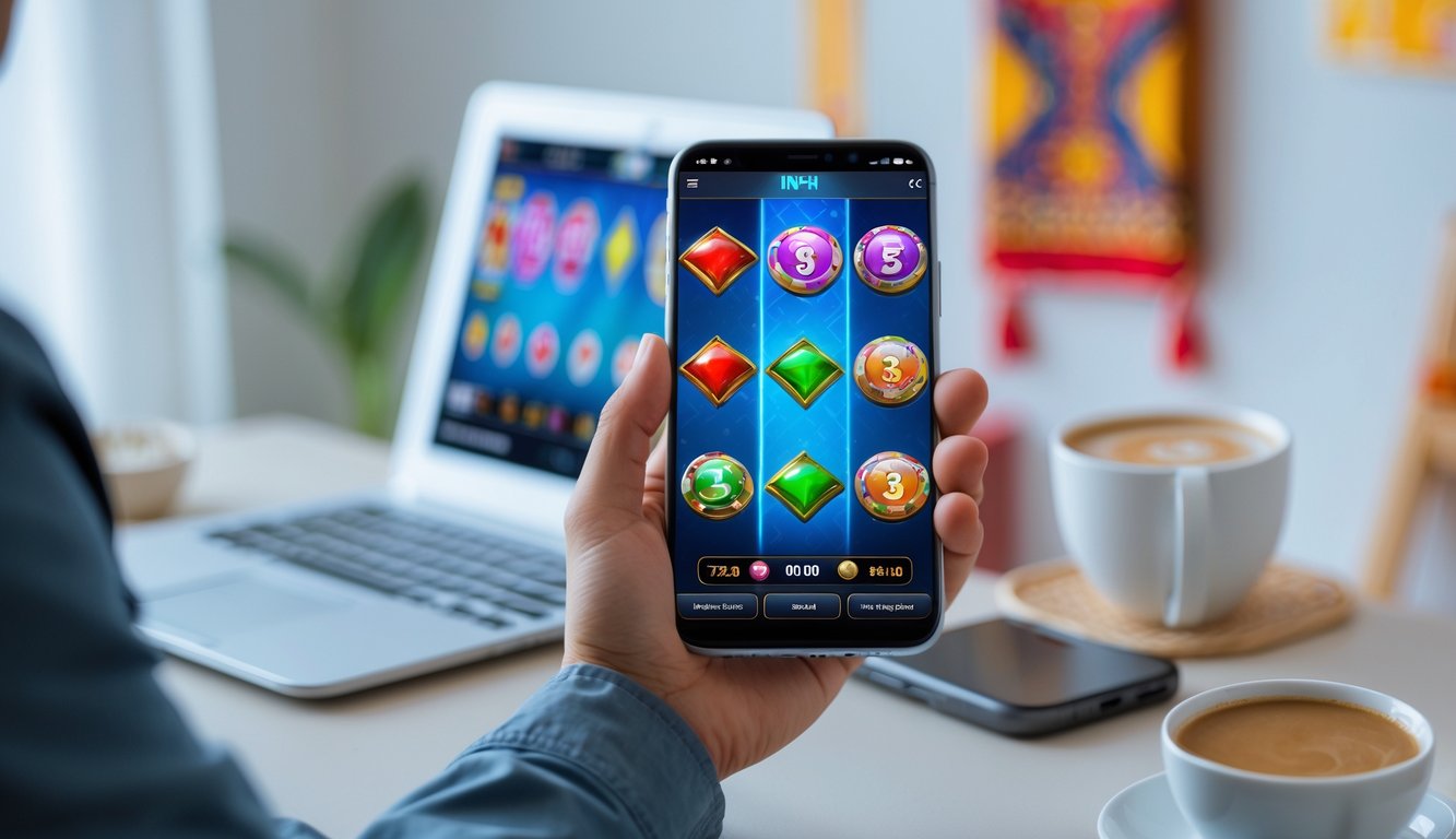 Seseorang memegang ponsel dengan permainan slot online yang berwarna-warni di layar, dengan latar belakang motif budaya Indonesia dan suasana yang cerah.