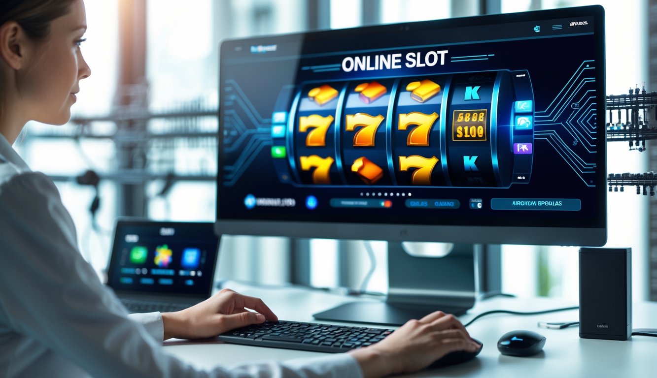 Seseorang menggunakan komputer dengan tampilan permainan slot online yang stabil dan resmi.