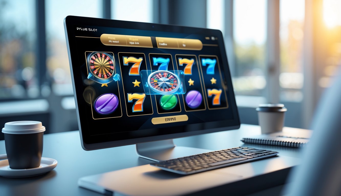 Layar komputer menampilkan permainan slot online dengan latar meja kerja yang rapi dan elemen simbol keamanan.