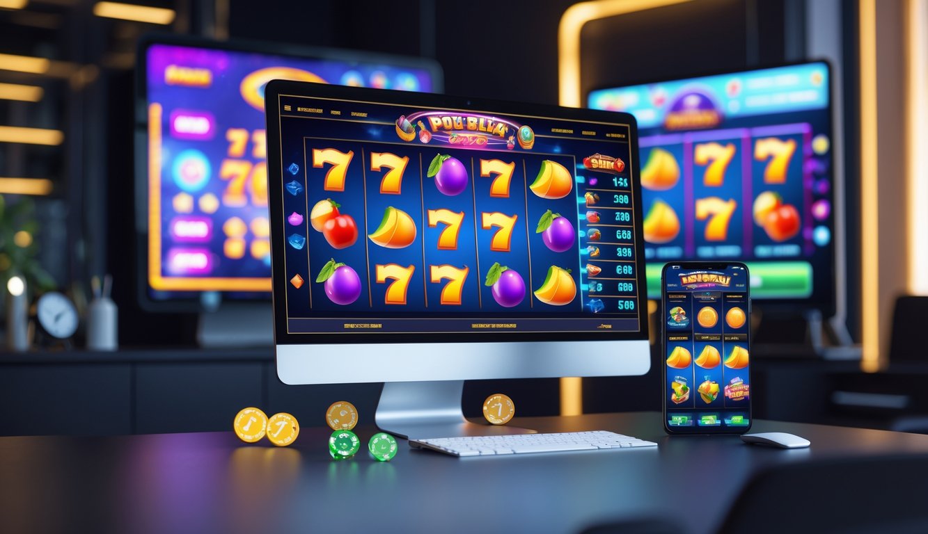Sebuah setup permainan slot online dengan komputer dan ponsel menampilkan layar permainan slot yang berwarna-warni dan berputar.