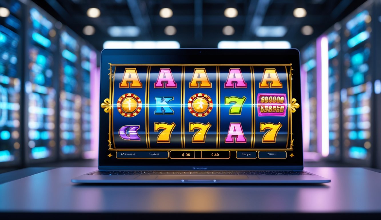 Sebuah layar komputer menampilkan permainan slot online dengan simbol warna-warni dan latar belakang teknologi server modern.