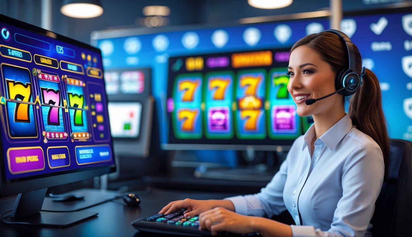 Seorang perwakilan layanan pelanggan profesional duduk di depan komputer dengan layar menampilkan permainan slot online yang berwarna-warni, di ruang kerja modern yang terang dan rapi.