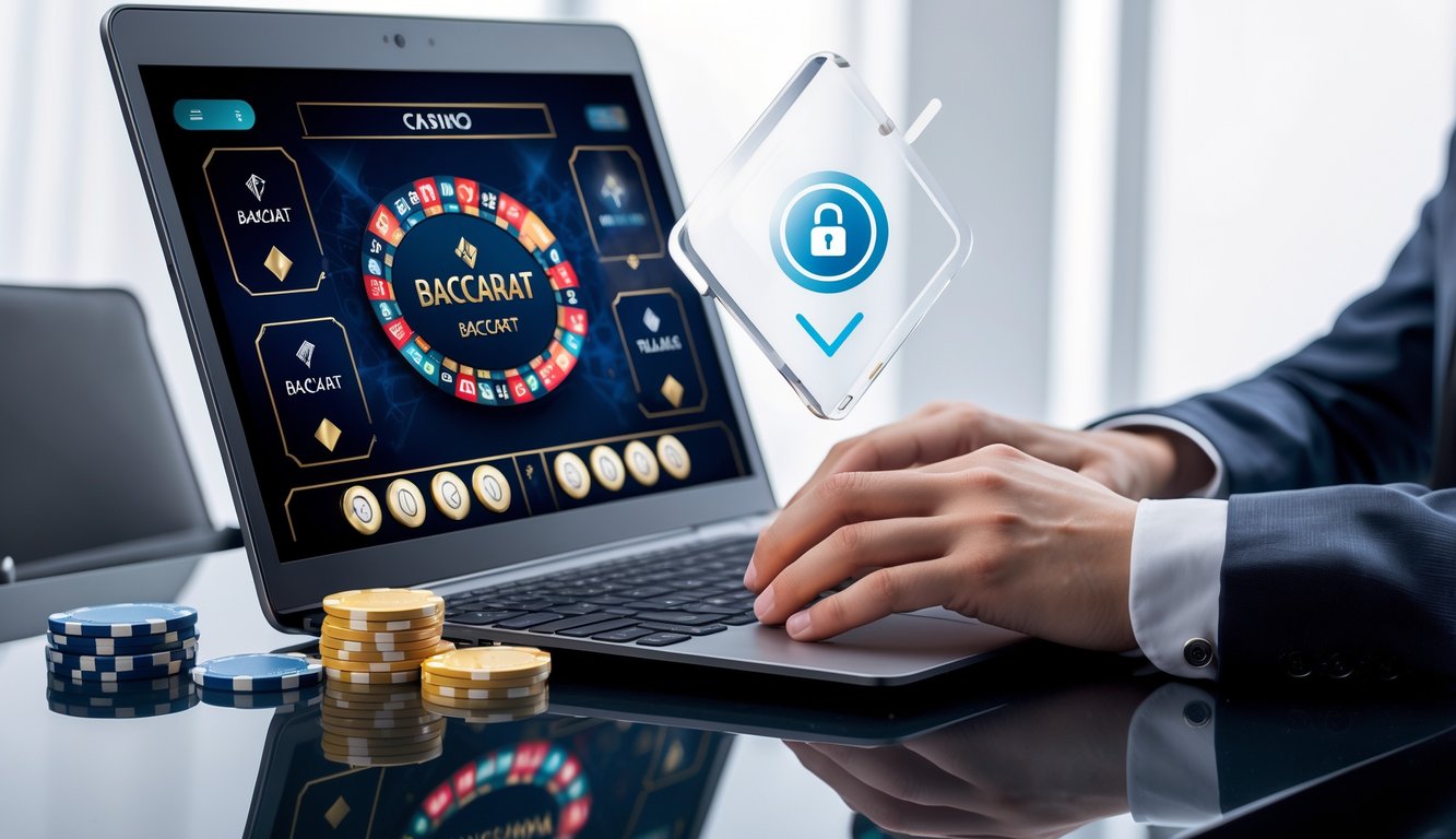 Seseorang bermain baccarat online di komputer dengan tampilan kartu dan chip, menunjukkan suasana permainan yang aman dan terpercaya.