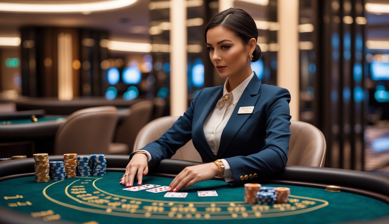 Seorang dealer profesional wanita duduk di meja baccarat mewah dengan kartu dan chip tertata rapi di lingkungan kasino modern.