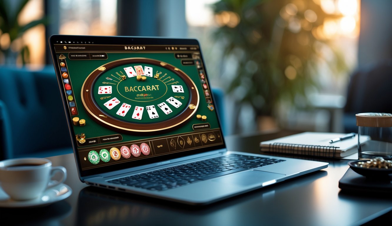 Sebuah komputer modern menampilkan permainan baccarat online dengan kartu dan chip di layar, di meja kerja yang rapi.