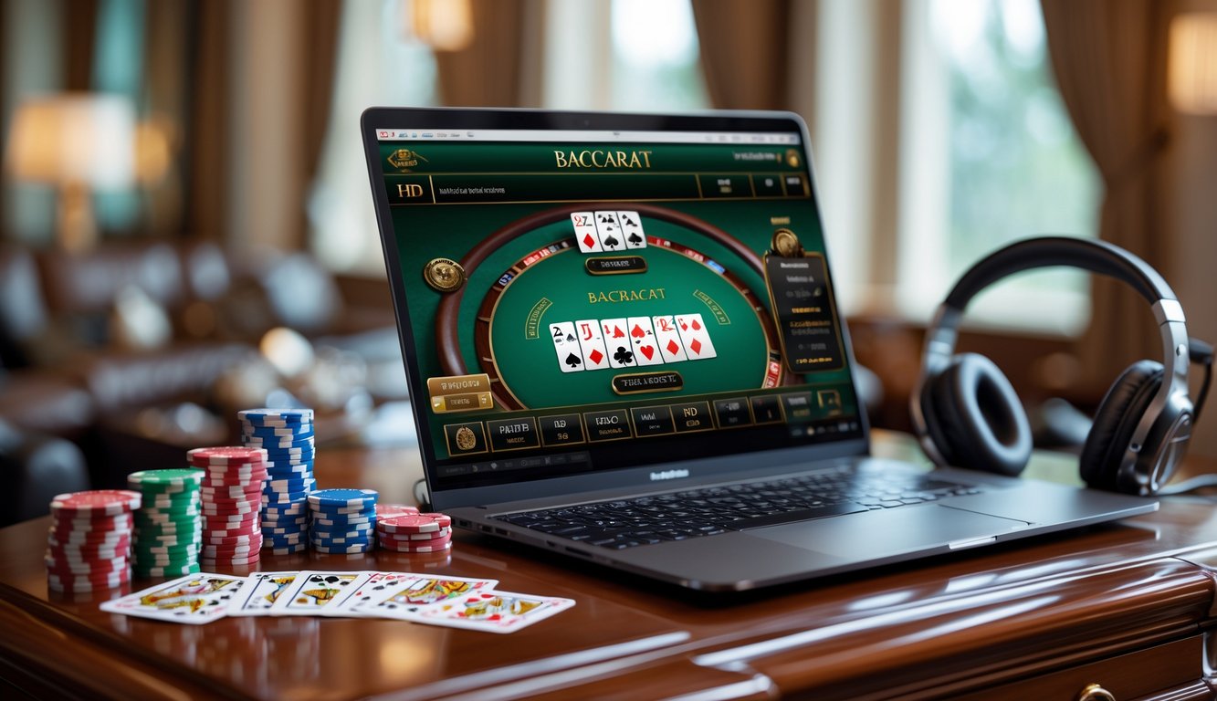 Sebuah meja dengan komputer menampilkan permainan baccarat online dengan kartu dan chip poker di sekitarnya.