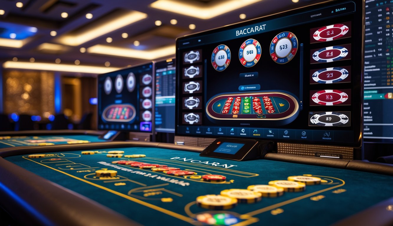 Tampilan meja baccarat online terbaru dengan kartu dan chip di layar komputer dalam suasana kasino modern.