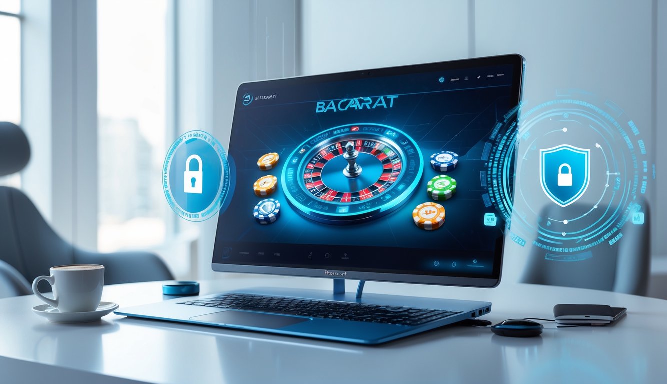 Sebuah meja kerja modern dengan komputer menampilkan permainan baccarat online dan ikon keamanan digital di latar belakang.