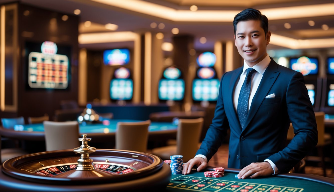 Seorang dealer profesional berdiri di belakang meja roulette dengan roda roulette yang berputar dalam suasana kasino yang mewah dan modern.