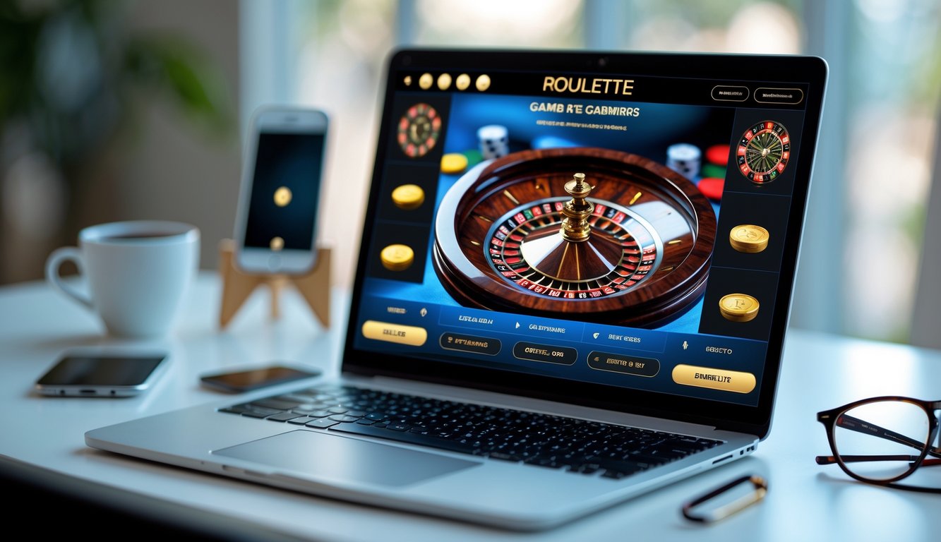Seorang pengguna bermain roulette online di laptop dengan tampilan roda roulette yang jelas dan warna cerah di layar.