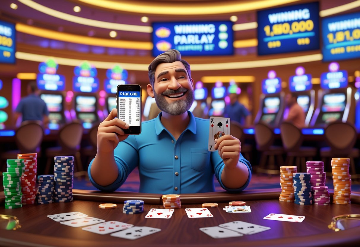 Seorang pemain berpengalaman merayakan kemenangan besar dari taruhan parlay di kasino dengan tumpukan chip dan kartu di meja.