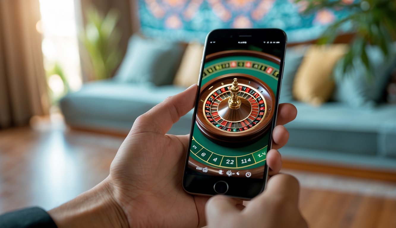 Seseorang memegang ponsel yang menampilkan permainan roulette online dengan latar belakang interior yang nyaman dan elemen budaya Indonesia.