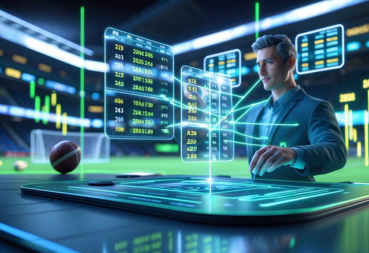 Seorang pemain berpengalaman sedang menganalisis taruhan parlay dengan antarmuka digital holografik di latar belakang stadion dan grafik statistik.