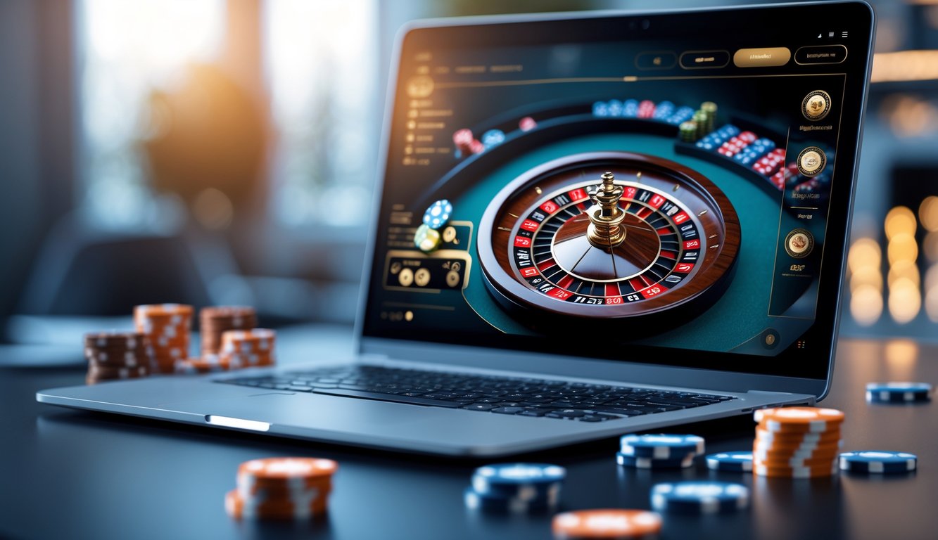 Seseorang bermain roulette online di komputer dengan tampilan roda roulette yang berputar dan chip digital.