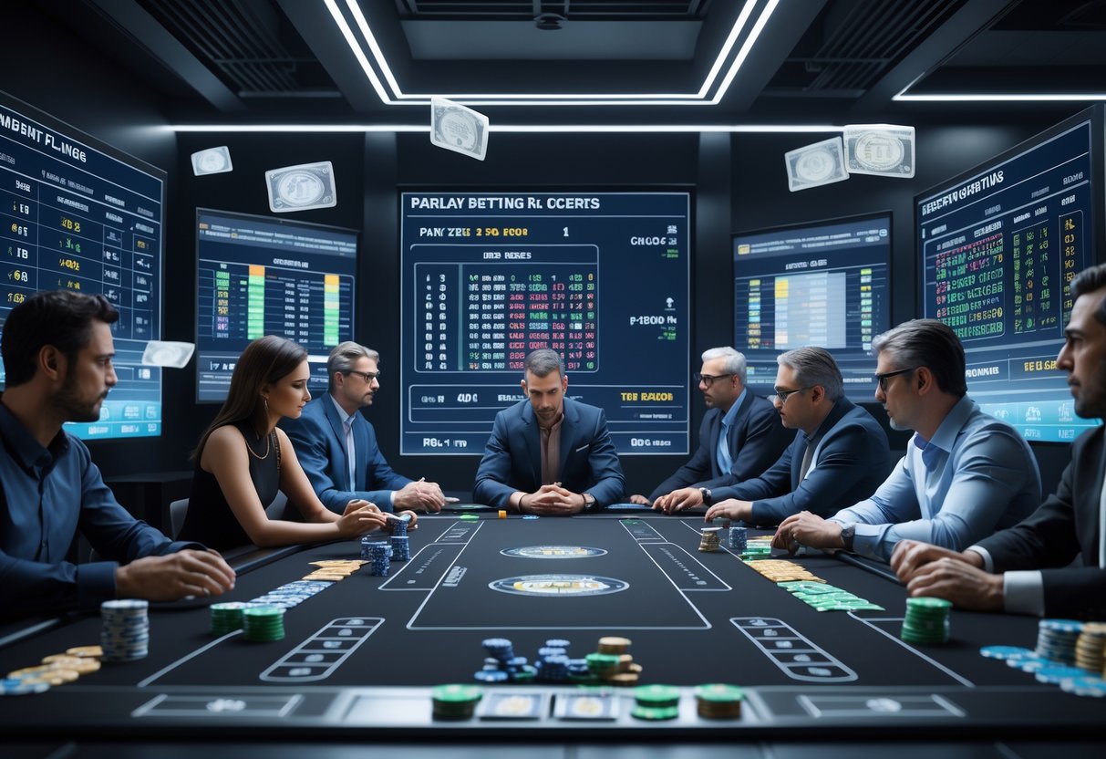 Sekelompok pemain berpengalaman sedang berdiskusi dan menganalisis strategi taruhan parlay di sekitar meja permainan dengan layar digital dan grafik.